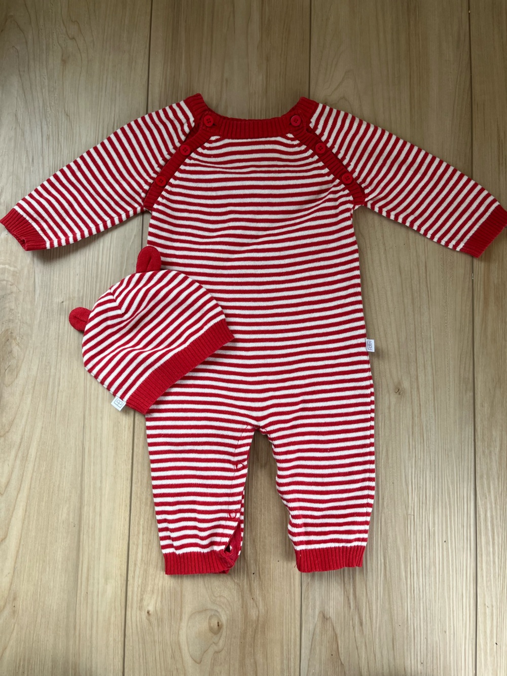 Red & White Striped Knit One-Piece with Matching Hat